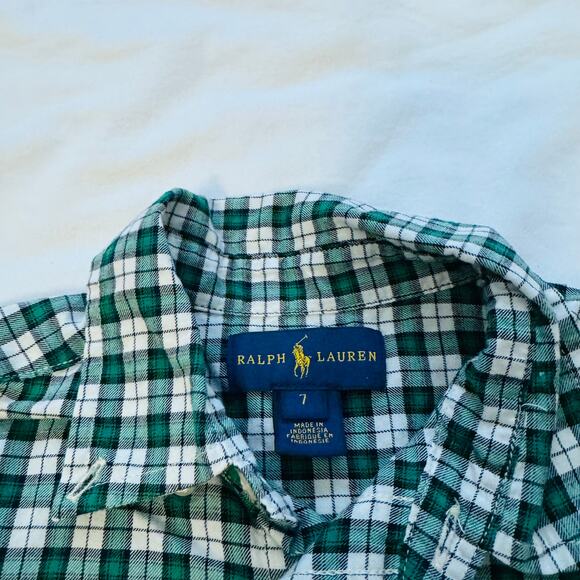 Ralph Lauren Dark Green White Black Plaid Boys Button Down Flannel Shirt Size 7 - Picture 3 of 5